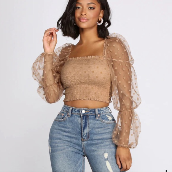 Women’s Nude Polka Dot Sheer Puff Sleeve Top - Picture 3 of 9